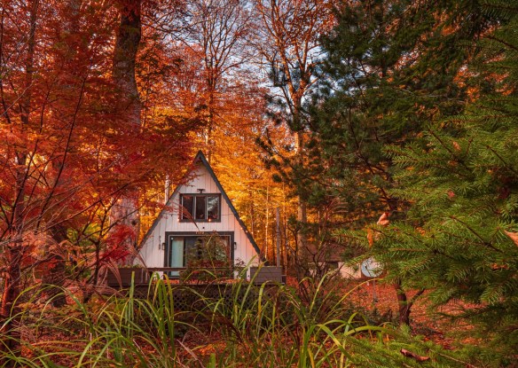 An A-frame cabin in the autumn forest