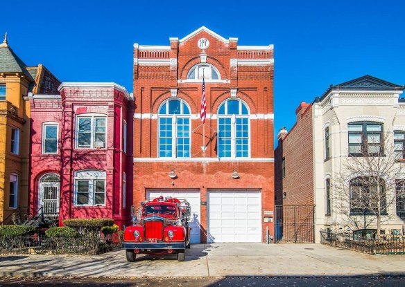 Exterior of building with firetruck