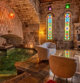 cave suite with private indoor pool and stained glass windows