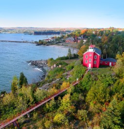 Aerial view over Marquette's Lighthouse Park