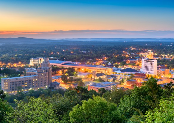 Hot Springs, Arkansas, USA town skyline from above at dawn