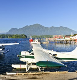 Seaplanes at dock in Tofino on Pacific coast of British Columbia, Canada