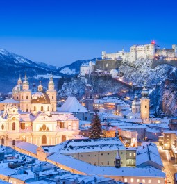 Salzburg skyline in winter as seen from Moenchsberg, Salzburger Land, Austria.