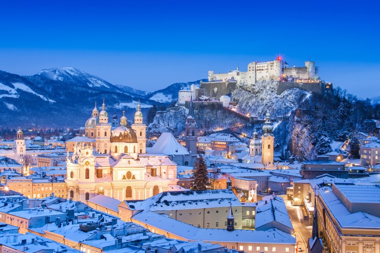 Salzburg skyline in winter as seen from Moenchsberg