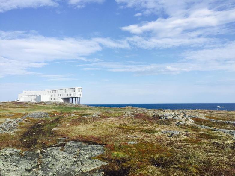 Fogo Island with Fogo Island Inn and 'bergy bits' in the distance