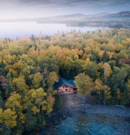 Aerial View of Lake and Trees Around Idyllic Cabin