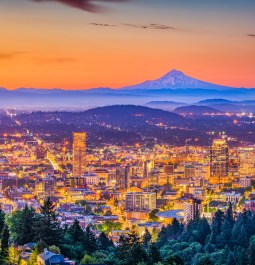 Portland, Oregon, USA downtown skyline with Mt. Hood at dawn.