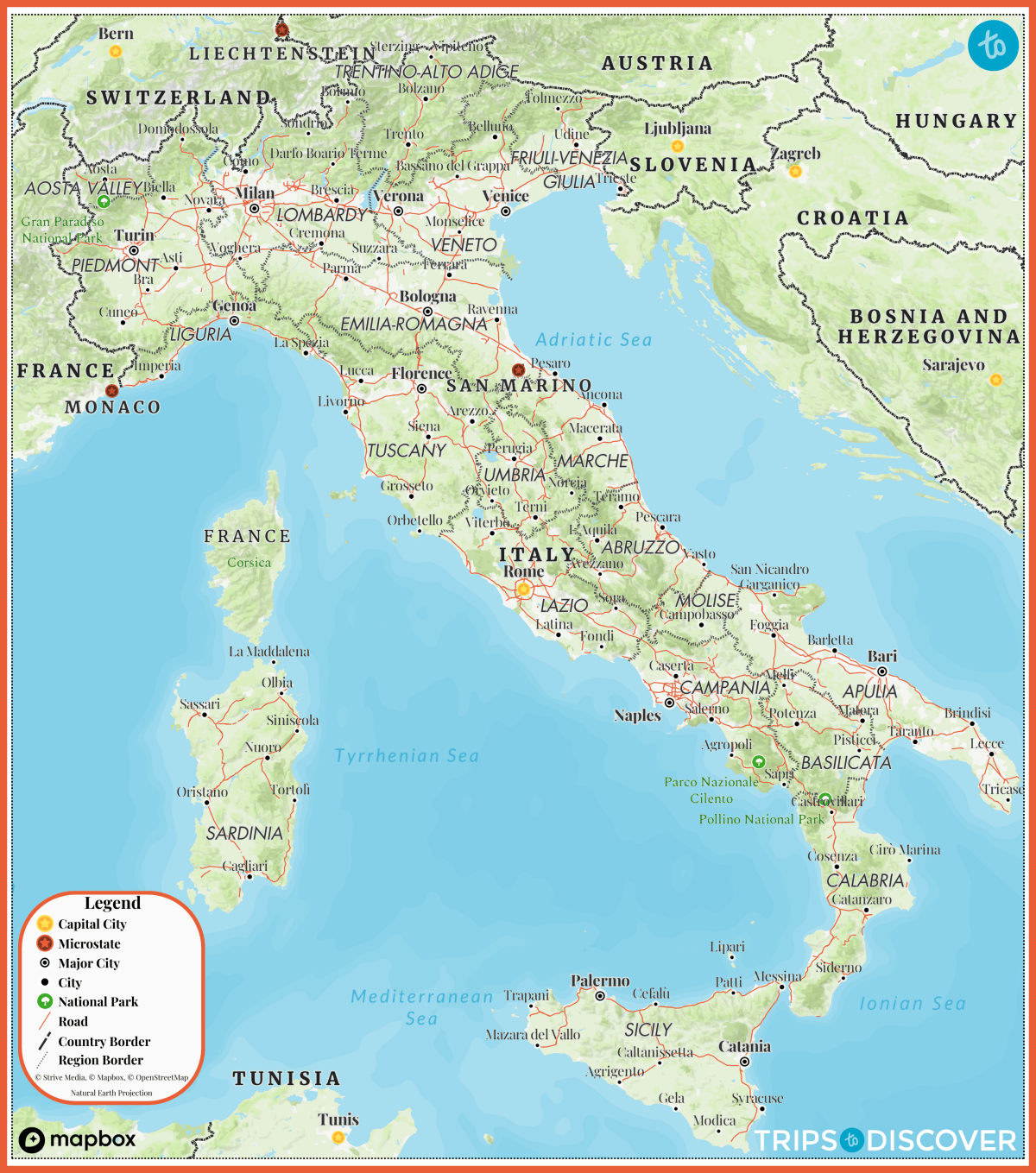 Political/Atlas Travel Map of Italy with regions, capitals, large and small cities, roads and parks.