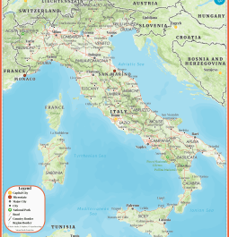 Political/Atlas Travel Map of Italy with regions, capitals, large and small cities, roads and parks.