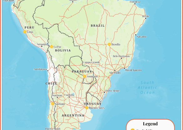 Political/Atlas Travel Map of South America with countries, capitals, large cities and roads.