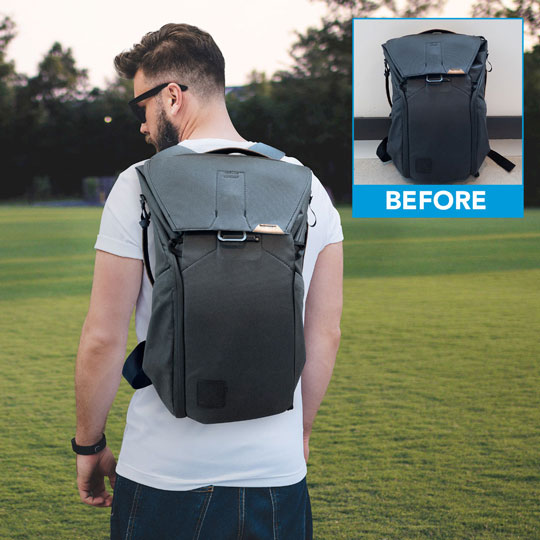 Better product images lead to more sales. Lifestyle image of man wearing a fashionable backpack.