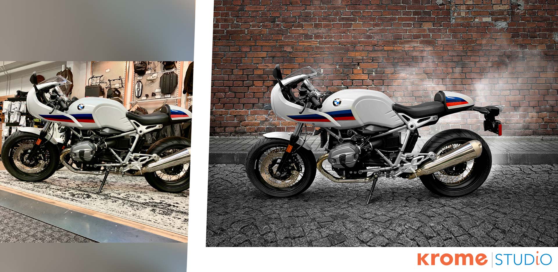 Amazon Product Photo example - before and after image of a motorcycle with a cool background. 