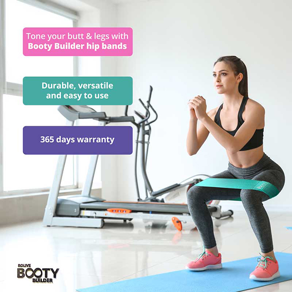 Infographic of woman wearing a sports band and text boxes stating the usability of the product