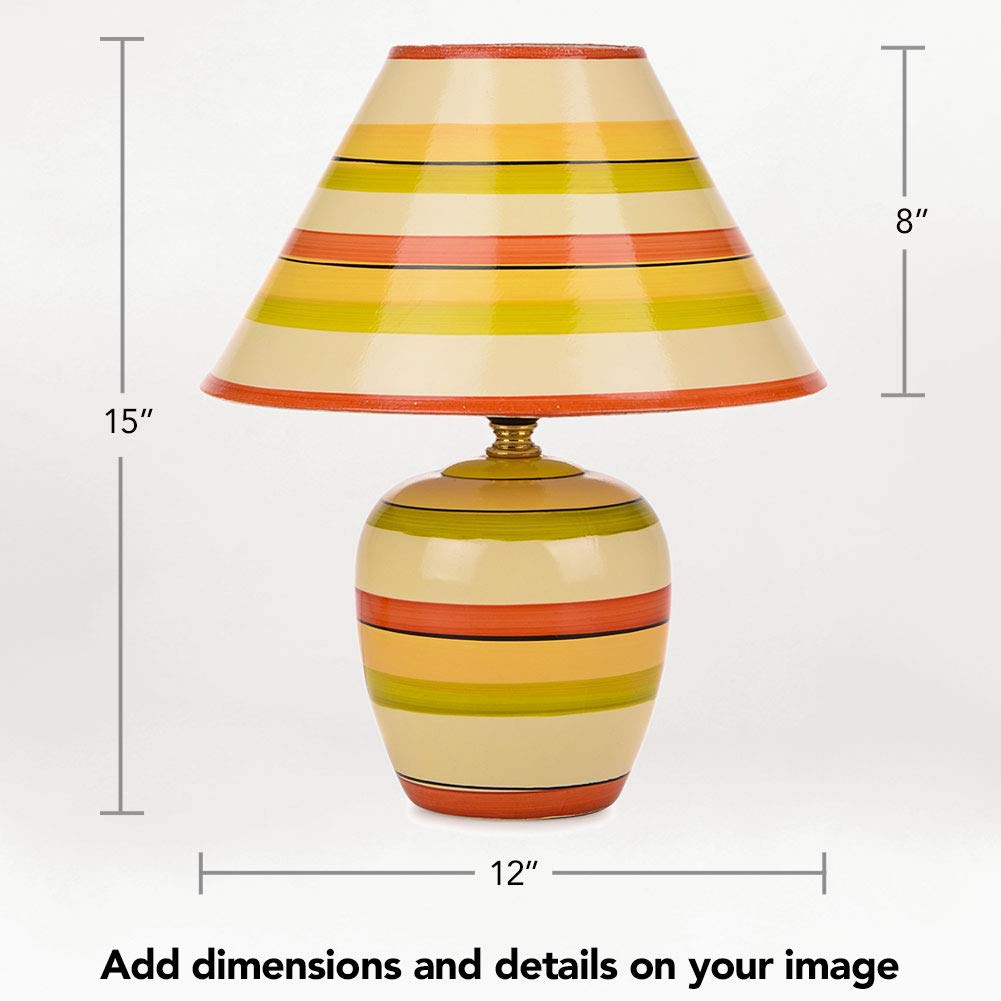 Amazon Product Photo example - image of lamp with dimensions of height, width, and length